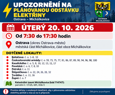 ⚡ POZOR! PLÁNOVANÁ ODSTÁVKA ELEKTŘINY V MICHÁLKOVICÍCH!  ČEZ Distribuce, a. s.⚡