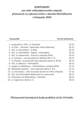 KONTEJNERY PRO SBĚR VELKOOBJEMOVÉHO ODPADU - LISTOPAD 2024