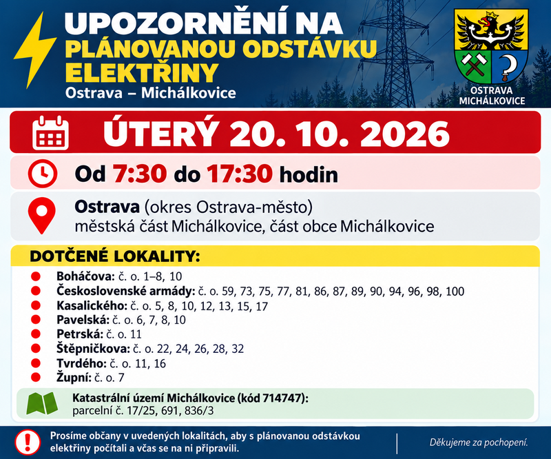 ⚡ POZOR! PLÁNOVANÁ ODSTÁVKA ELEKTŘINY V MICHÁLKOVICÍCH!  ČEZ Distribuce, a. s.⚡